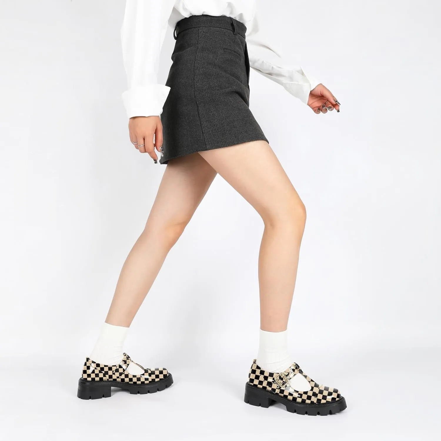 SAMMITOP Women's Mary Jane Shoes Platform Lug Sole Low Heel Chunky Pumps Round Toe Oxfords Shoes Kawaii Punk Goth Uniform Dress Shoes 2 Inches