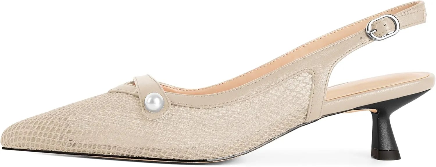 SAMMITOP Womens Slingback Kitten Heels Closed Pointed Toe Low Heel Mesh Pumps Pearl Strap Dress Shoes 1.5 Inches