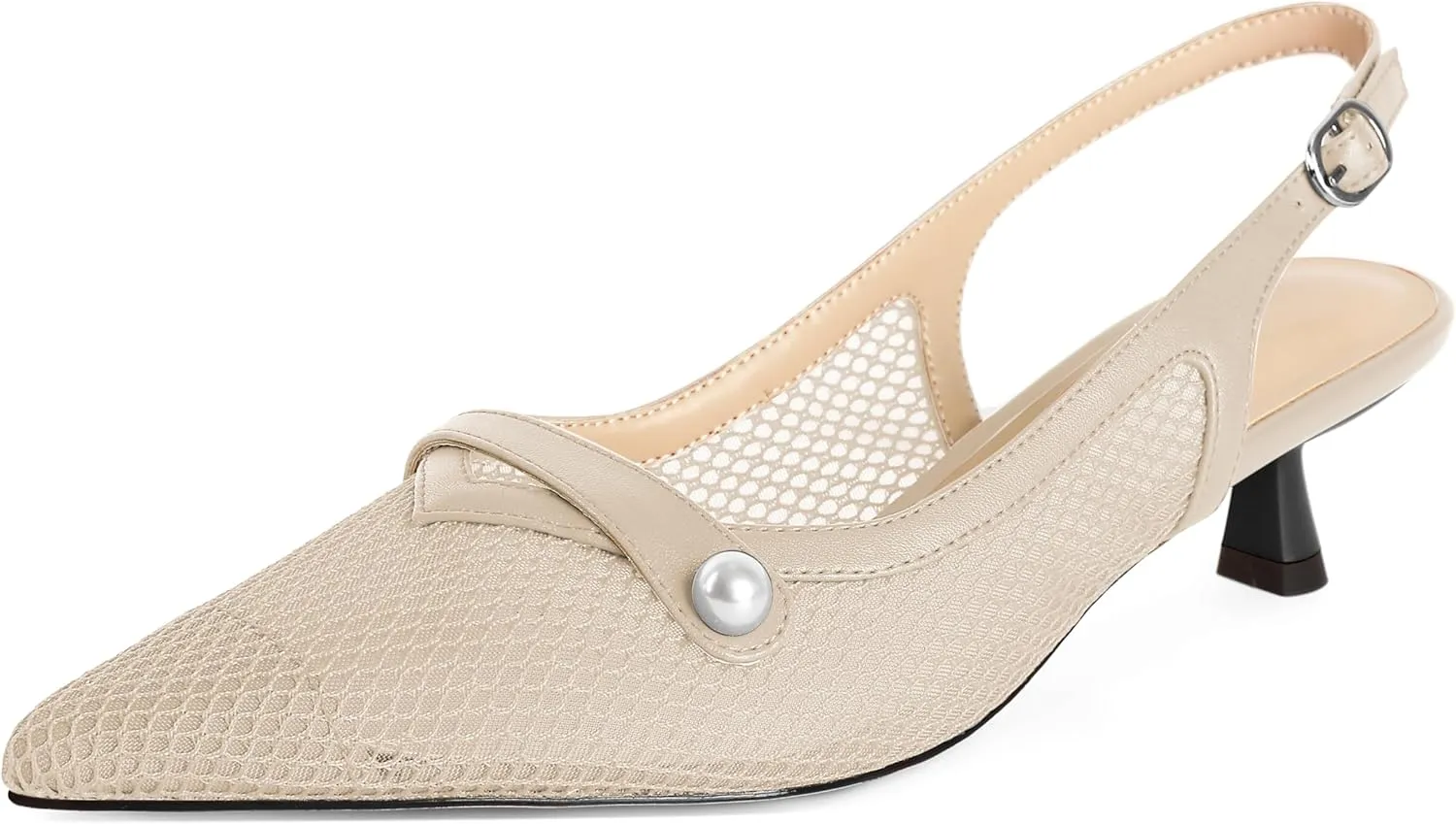 SAMMITOP Womens Slingback Kitten Heels Closed Pointed Toe Low Heel Mesh Pumps Pearl Strap Dress Shoes 1.5 Inches