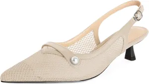 SAMMITOP Womens Slingback Kitten Heels Closed Pointed Toe Low Heel Mesh Pumps Pearl Strap Dress Shoes 1.5 Inches