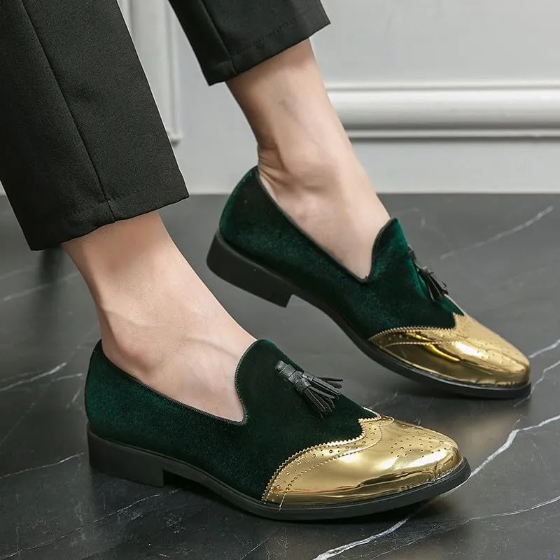 Santimon Mens Velvet Tassel Loafers Gold Wingtip Brogues Fashion Party Wedding Tuxedo Suit Shoes