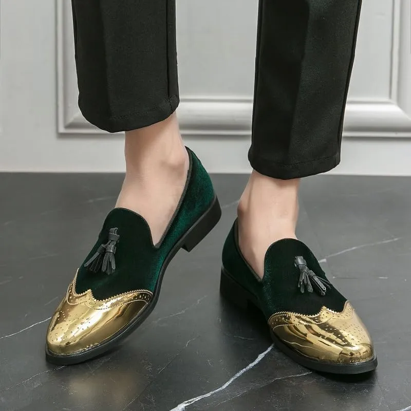 Santimon Mens Velvet Tassel Loafers Gold Wingtip Brogues Fashion Party Wedding Tuxedo Suit Shoes