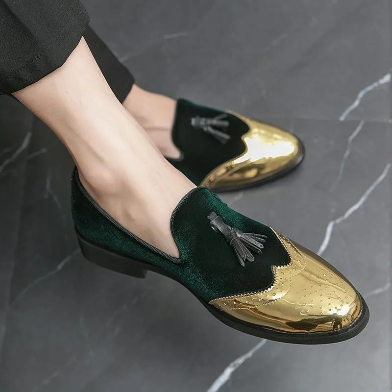 Santimon Mens Velvet Tassel Loafers Gold Wingtip Brogues Fashion Party Wedding Tuxedo Suit Shoes