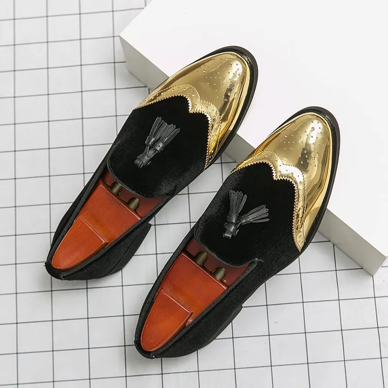 Santimon Mens Velvet Tassel Loafers Gold Wingtip Brogues Fashion Party Wedding Tuxedo Suit Shoes