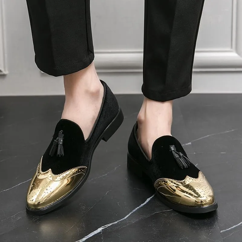 Santimon Mens Velvet Tassel Loafers Gold Wingtip Brogues Fashion Party Wedding Tuxedo Suit Shoes