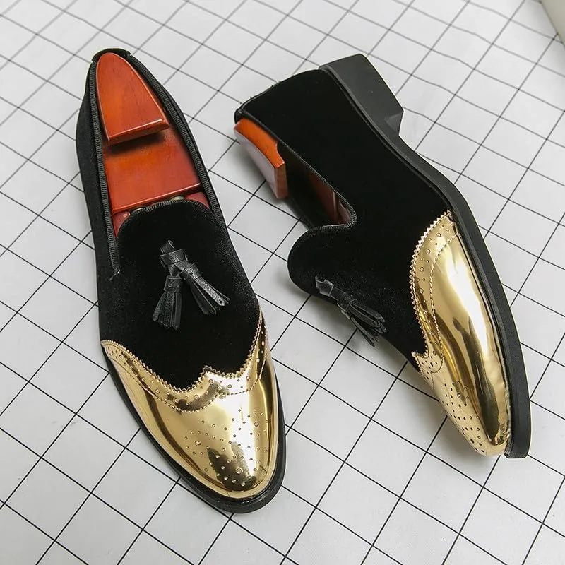 Santimon Mens Velvet Tassel Loafers Gold Wingtip Brogues Fashion Party Wedding Tuxedo Suit Shoes