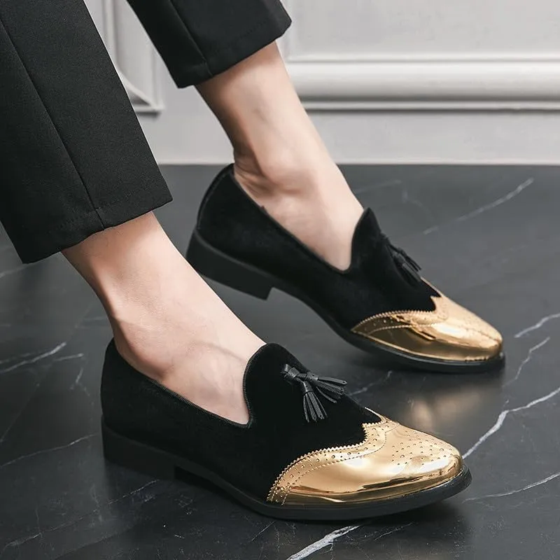 Santimon Mens Velvet Tassel Loafers Gold Wingtip Brogues Fashion Party Wedding Tuxedo Suit Shoes
