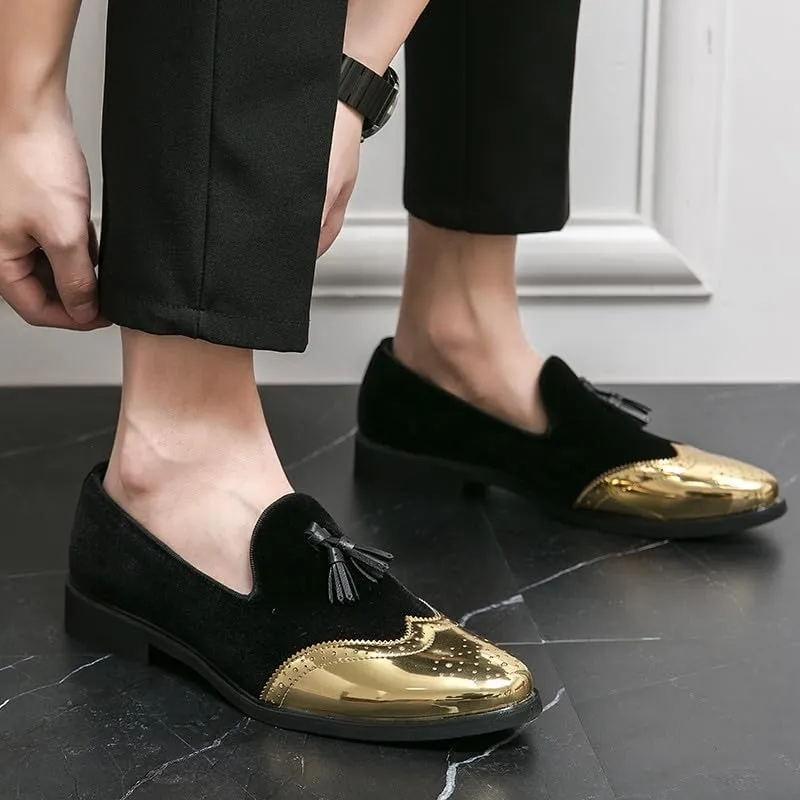 Santimon Mens Velvet Tassel Loafers Gold Wingtip Brogues Fashion Party Wedding Tuxedo Suit Shoes