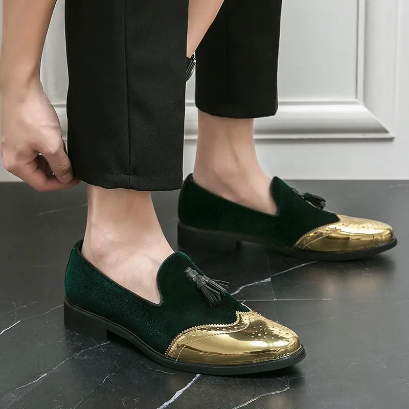 Santimon Mens Velvet Tassel Loafers Gold Wingtip Brogues Fashion Party Wedding Tuxedo Suit Shoes