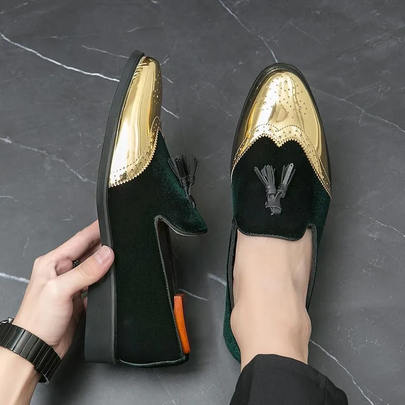 Santimon Mens Velvet Tassel Loafers Gold Wingtip Brogues Fashion Party Wedding Tuxedo Suit Shoes