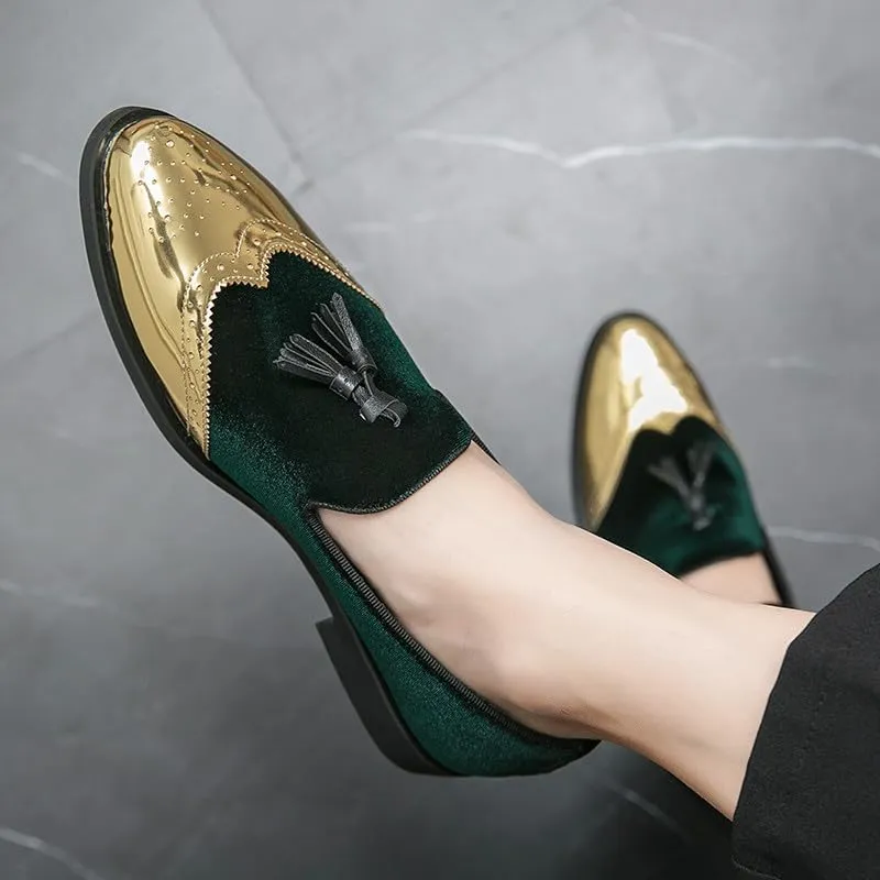 Santimon Mens Velvet Tassel Loafers Gold Wingtip Brogues Fashion Party Wedding Tuxedo Suit Shoes