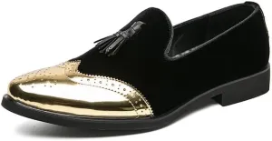 Santimon Mens Velvet Tassel Loafers Gold Wingtip Brogues Fashion Party Wedding Tuxedo Suit Shoes
