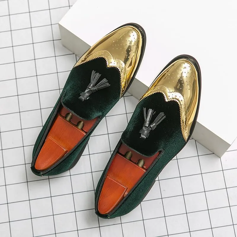 Santimon Mens Velvet Tassel Loafers Gold Wingtip Brogues Fashion Party Wedding Tuxedo Suit Shoes