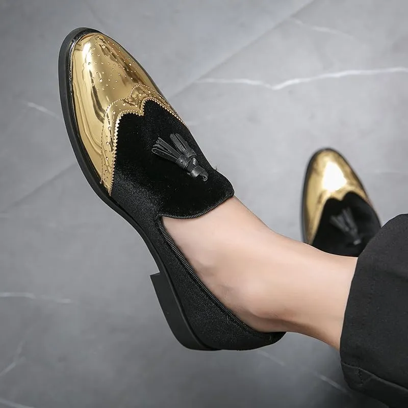 Santimon Mens Velvet Tassel Loafers Gold Wingtip Brogues Fashion Party Wedding Tuxedo Suit Shoes