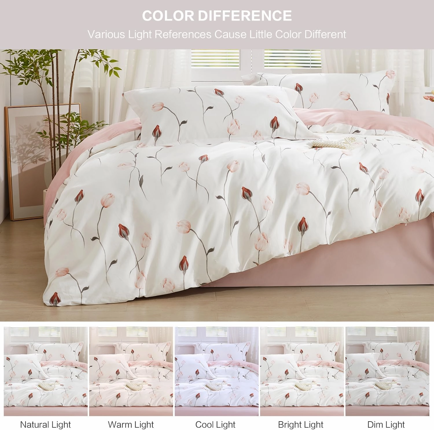 SAPHREAS Rosebud Floral Duvet Cover Set Queen Size 3pcs Pink Red Botanical Flower Soft Bedding Comforter Cover Set 100% Cotton 1 Duvet Cover 90"x90" 2 Pillow Shams, Comforter Not Included