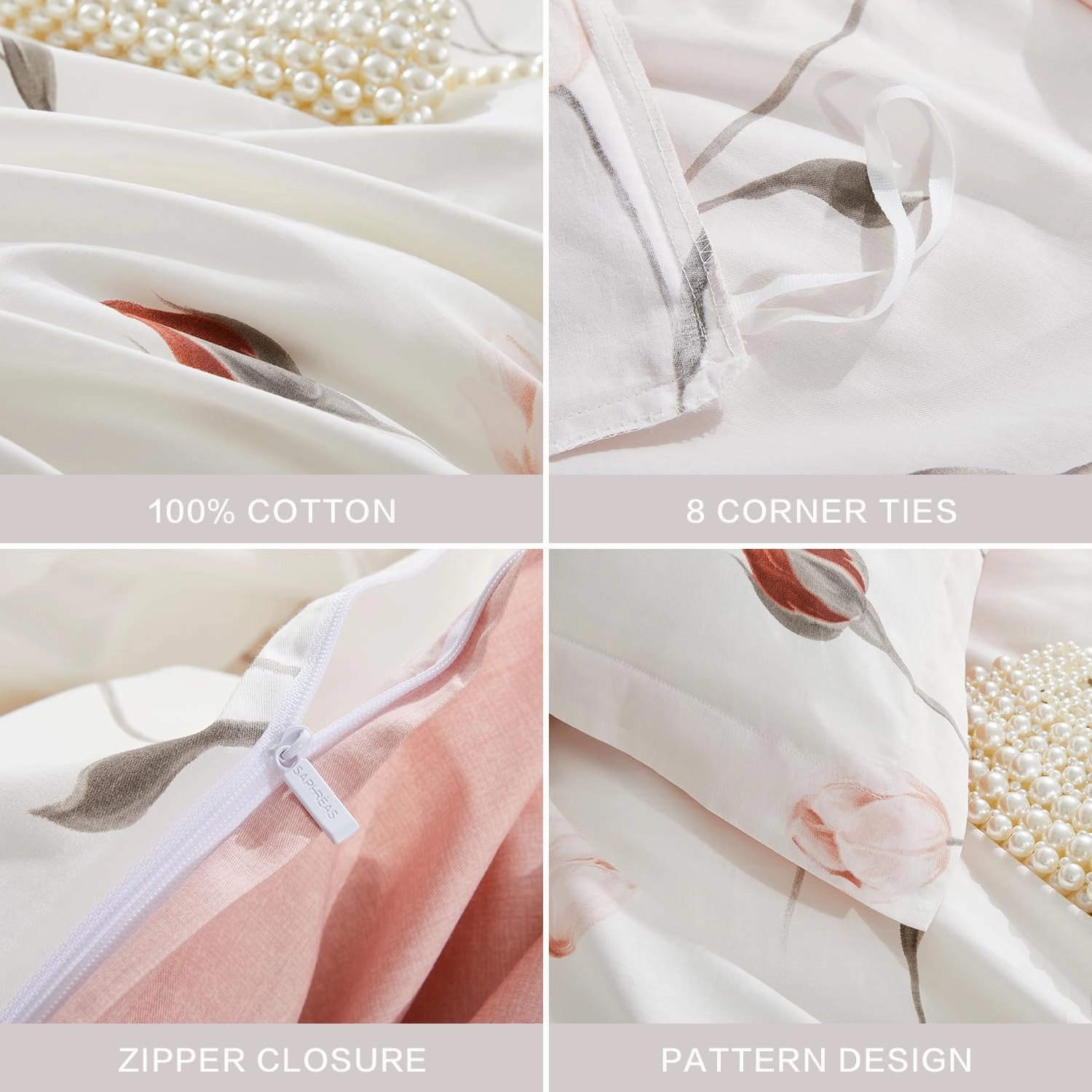 SAPHREAS Rosebud Floral Duvet Cover Set Queen Size 3pcs Pink Red Botanical Flower Soft Bedding Comforter Cover Set 100% Cotton 1 Duvet Cover 90"x90" 2 Pillow Shams, Comforter Not Included