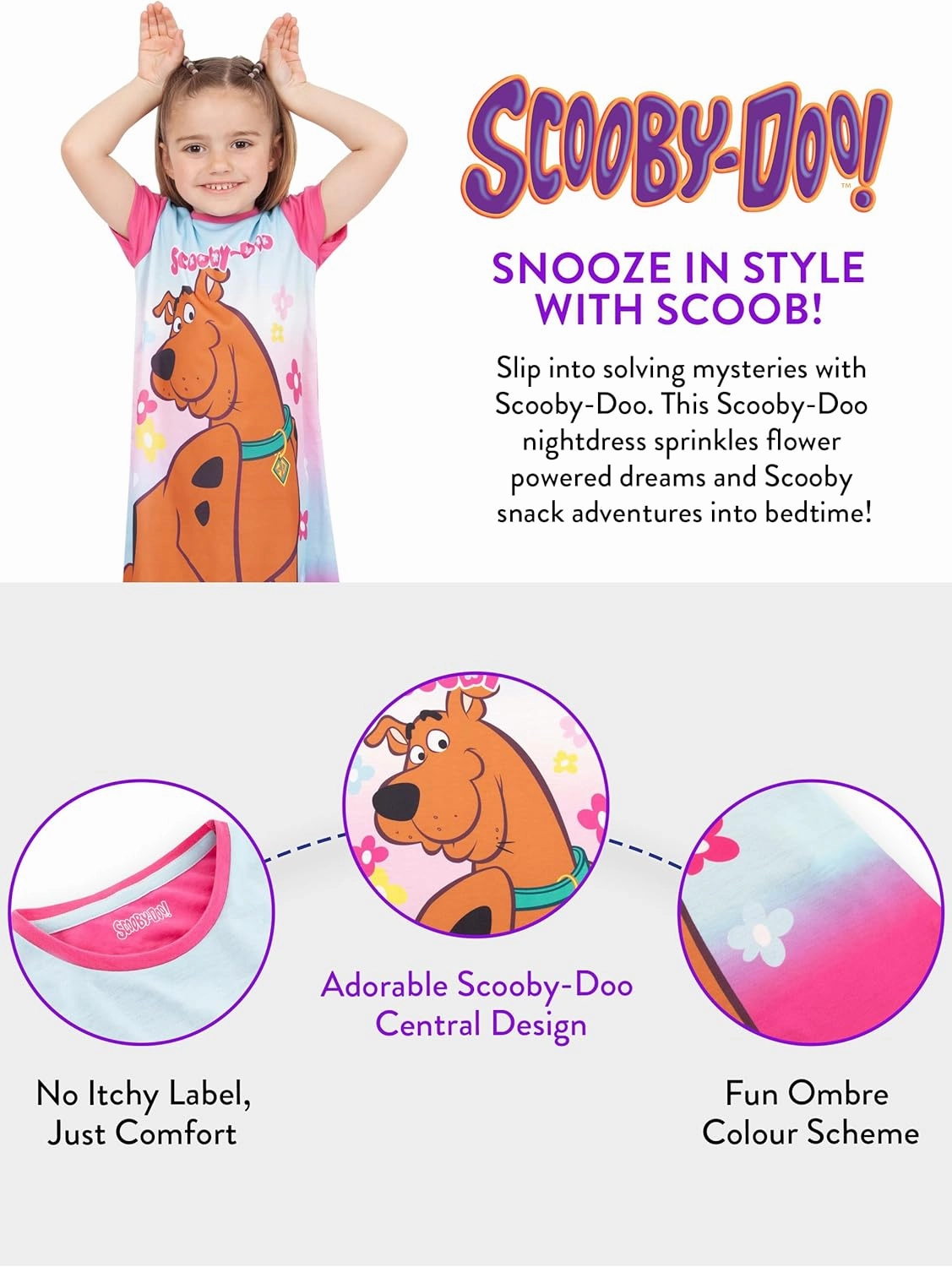 Scooby Doo Nightgown | Floral Girls Nightgowns | Scooby Sleepwear | Short Sleeve Girls' Nightgowns | Sizes 3T To 10