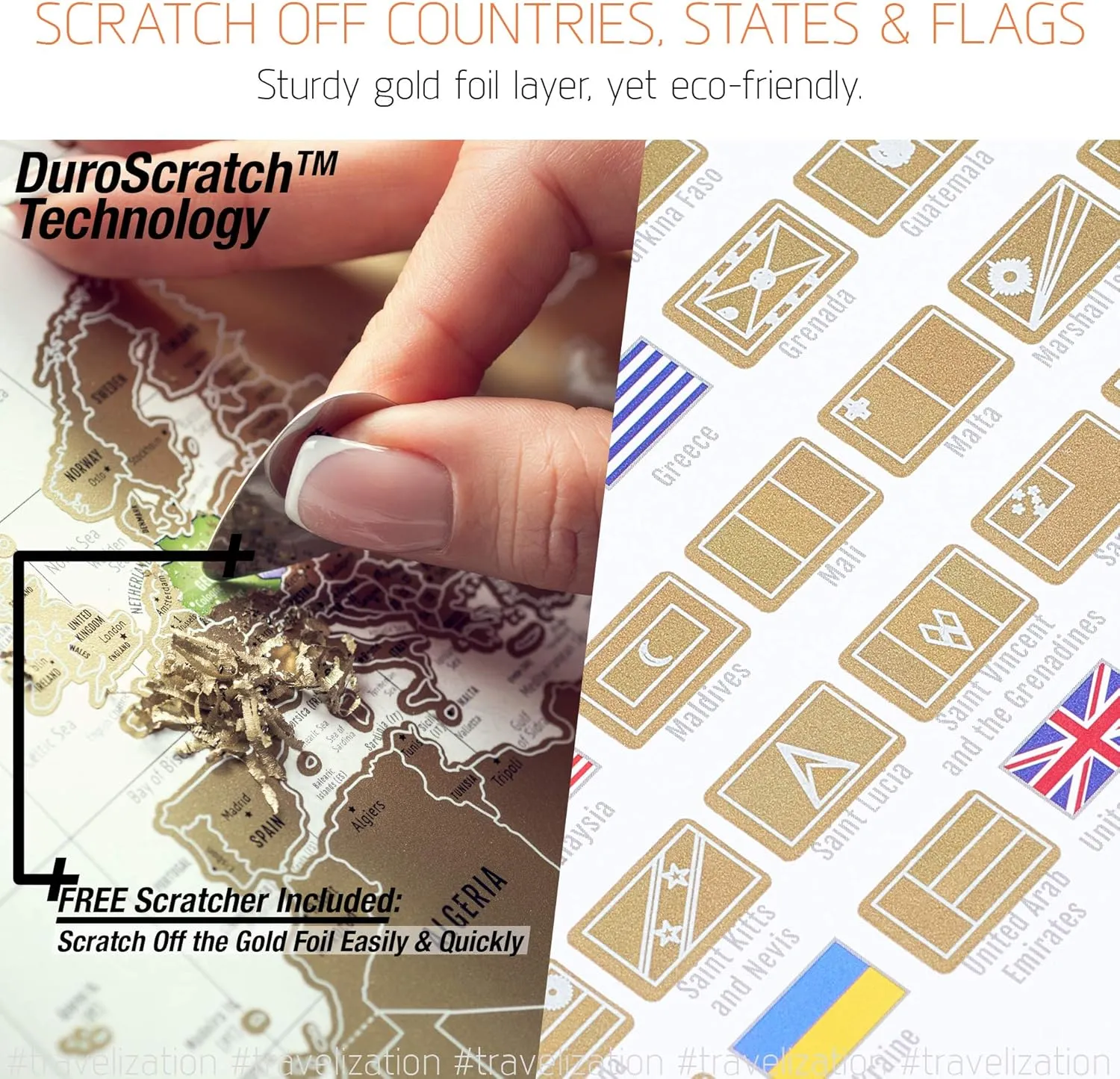 Scratch Off World Map with 196 Country Flags 24" x 17" Frameable Travel Map with Vibrant Colors and Premium Gold Coating, Beautiful Visited Places Tracker for Travelers, White