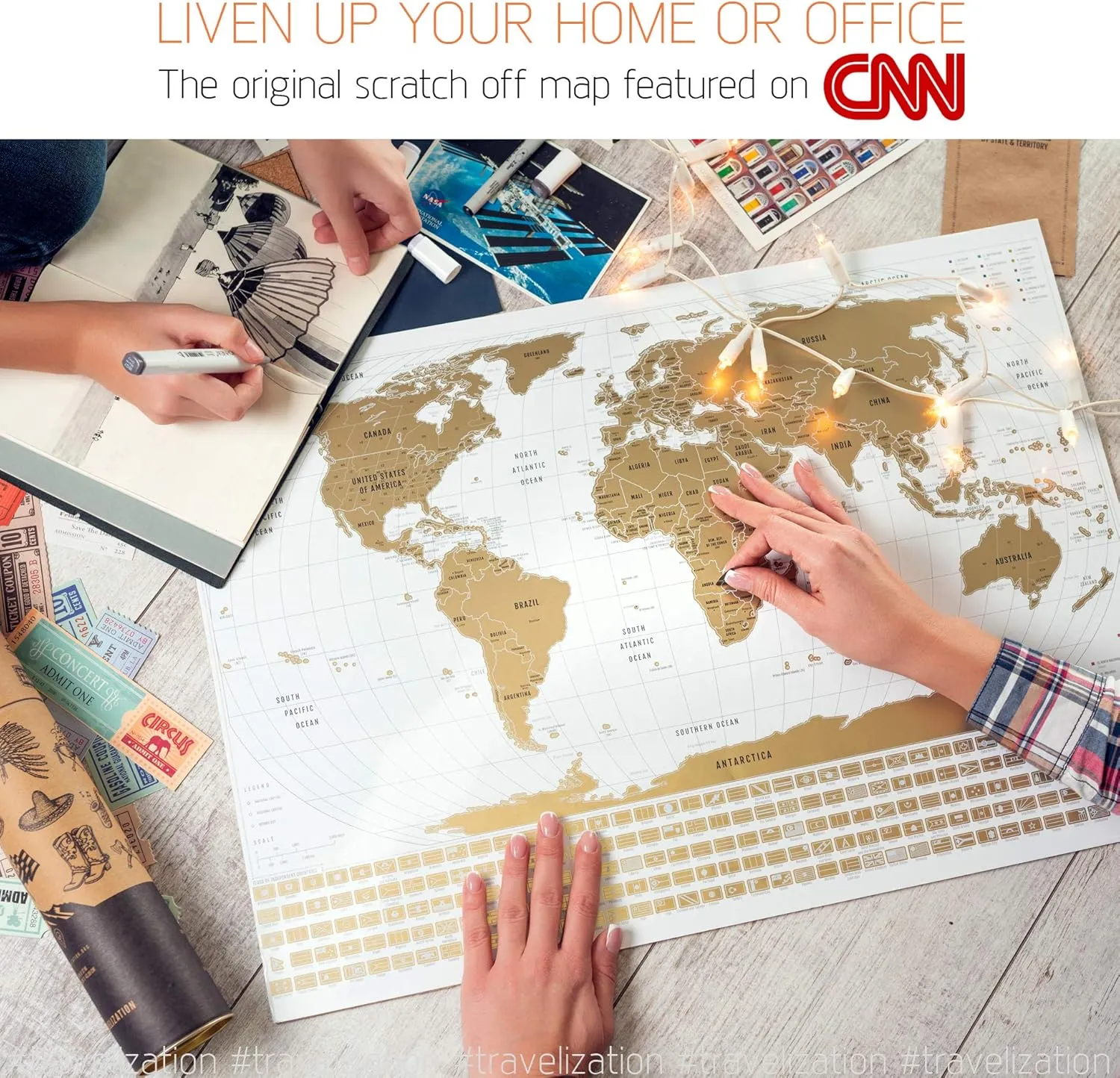 Scratch Off World Map with 196 Country Flags 24" x 17" Frameable Travel Map with Vibrant Colors and Premium Gold Coating, Beautiful Visited Places Tracker for Travelers, White