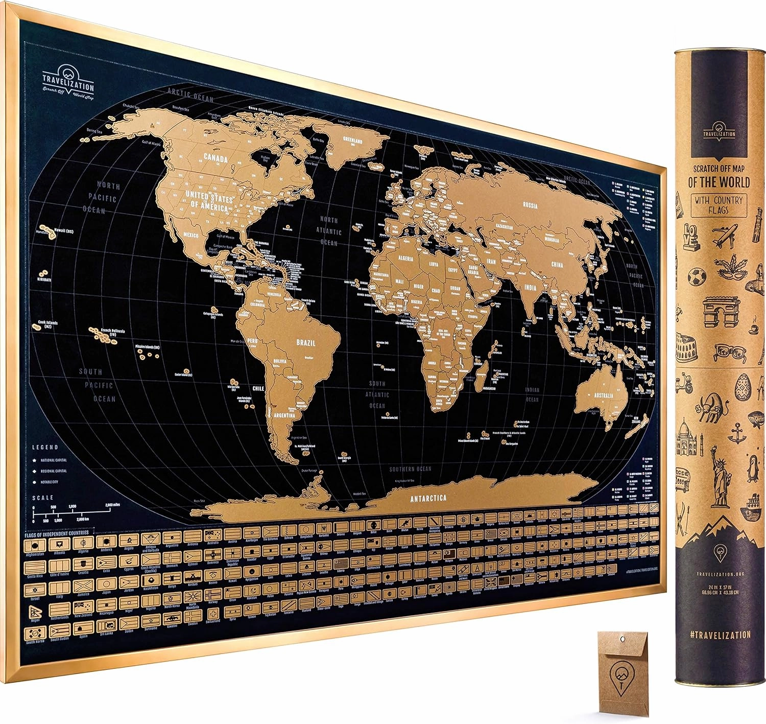 Scratch Off World Map with 196 Country Flags 24" x 17" Frameable Travel Map with Vibrant Colors and Premium Gold Coating, Beautiful Visited Places Tracker for Travelers, Black
