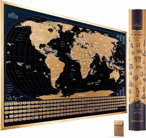 Scratch Off World Map with 196 Country Flags 24" x 17" Frameable Travel Map with Vibrant Colors and Premium Gold Coating, Beautiful Visited Places Tracker for Travelers, Black