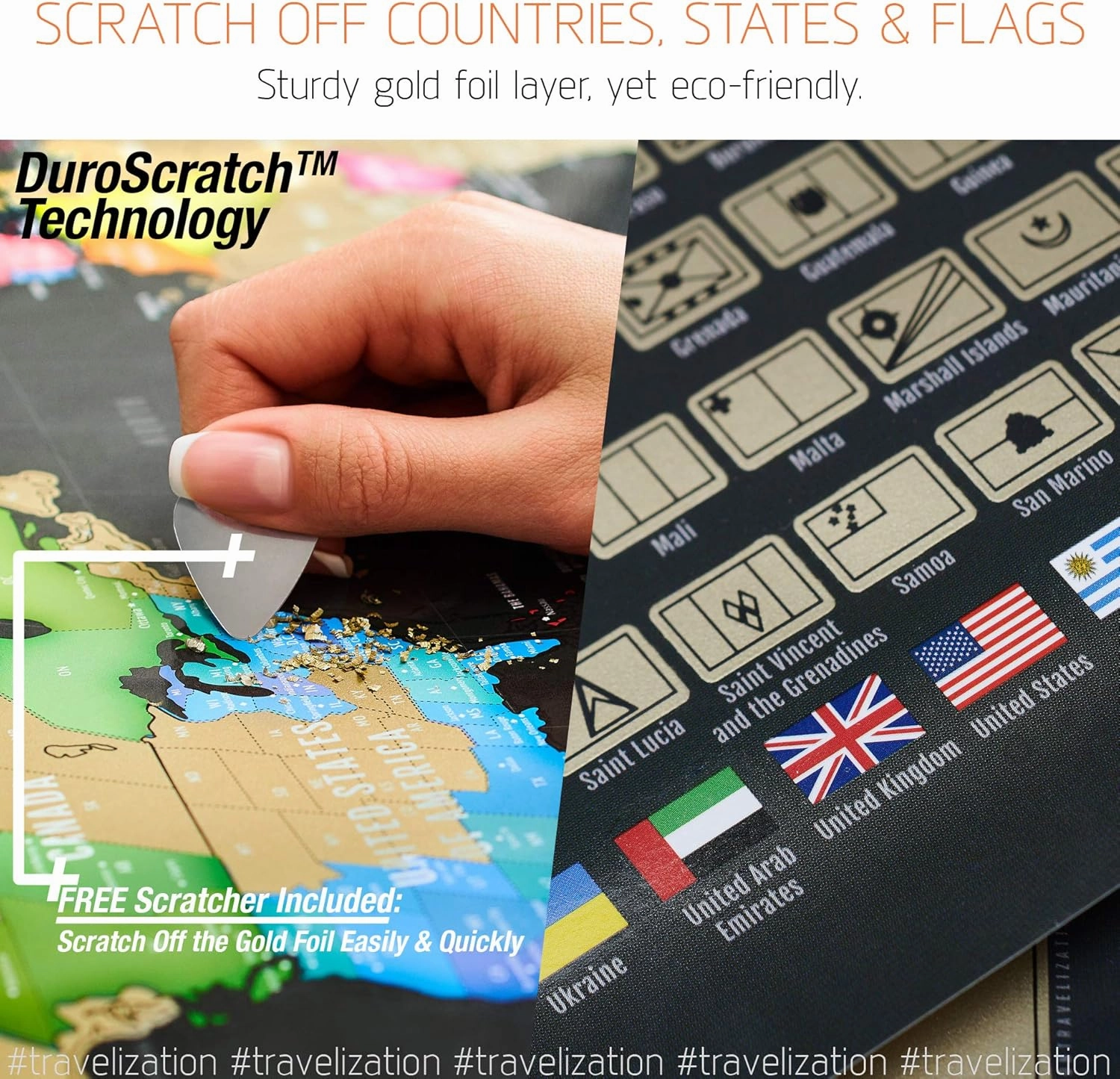 Scratch Off World Map with 196 Country Flags 24" x 17" Frameable Travel Map with Vibrant Colors and Premium Gold Coating, Beautiful Visited Places Tracker for Travelers, Black