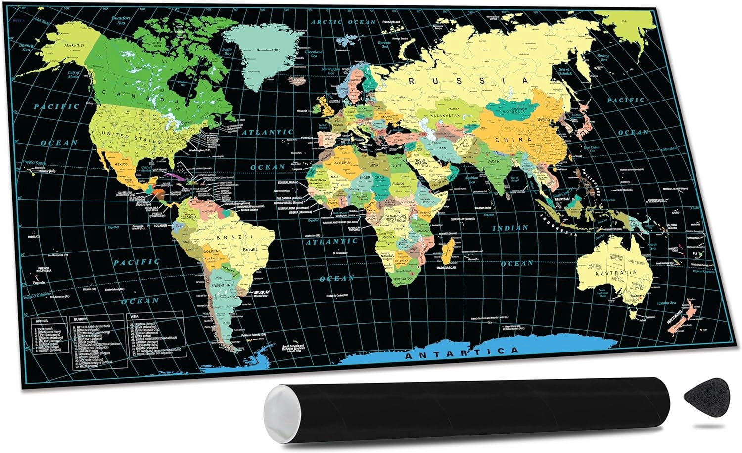 Scratch Off World Travel Map Poster 27 x 16 inch - Large Frame Ready Travel Tracker Gift Idea - Maps Of The World Art For Travelers (World Map)