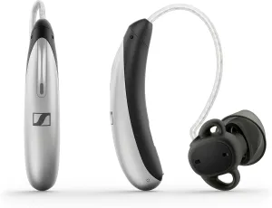 Sennheiser All-Day Clear Slim Bluetooth Hearing Aids - OTC Hearing Aids with Bluetooth - Self-Fitting, Programmable Sound - FDA Cleared - Light Grey