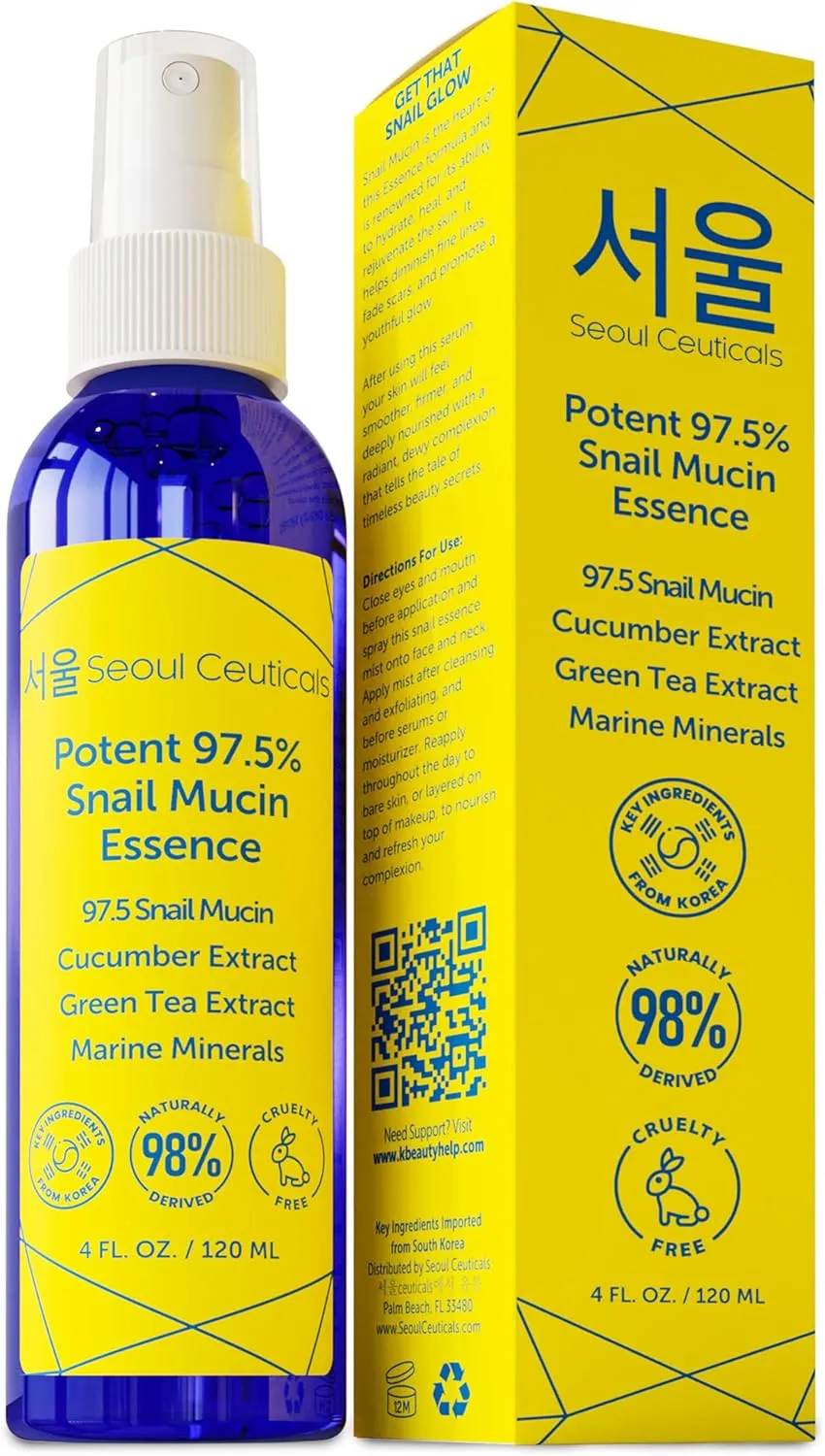 SeoulCeuticals Korean Face Mist 97.5% Snail Mucin Essence - K Beauty Skincare Facial Spray - Cucumber Extract   Marine Minerals   Green Tea   Aloe 4oz