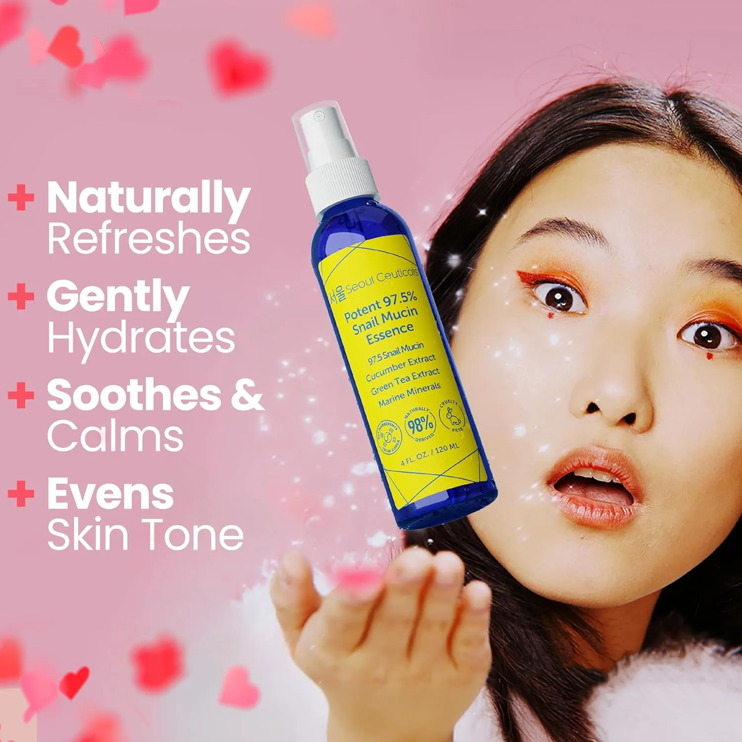 SeoulCeuticals Korean Face Mist 97.5% Snail Mucin Essence - K Beauty Skincare Facial Spray - Cucumber Extract   Marine Minerals   Green Tea   Aloe 4oz