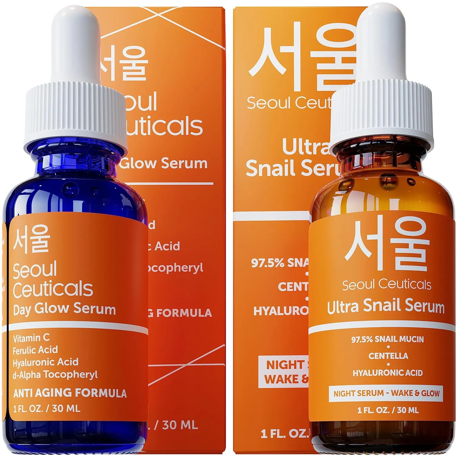 SeoulCeuticals Korean Skin Care Day & Night Serum Set - Potent Vitamin C Day Serum   Korean Snail Night Serum With Hyaluronic Acid   Centella   CE Ferulic for K Beauty Glow