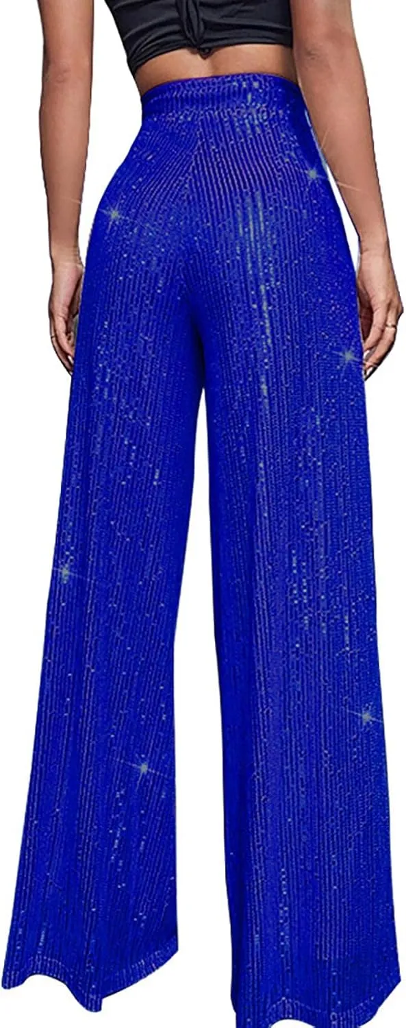 Sequin Pants for Women High Waisted Wide Leg Sparkly Pants Elastic Casual Loose Party Clubwear Bling Glitter Trousers