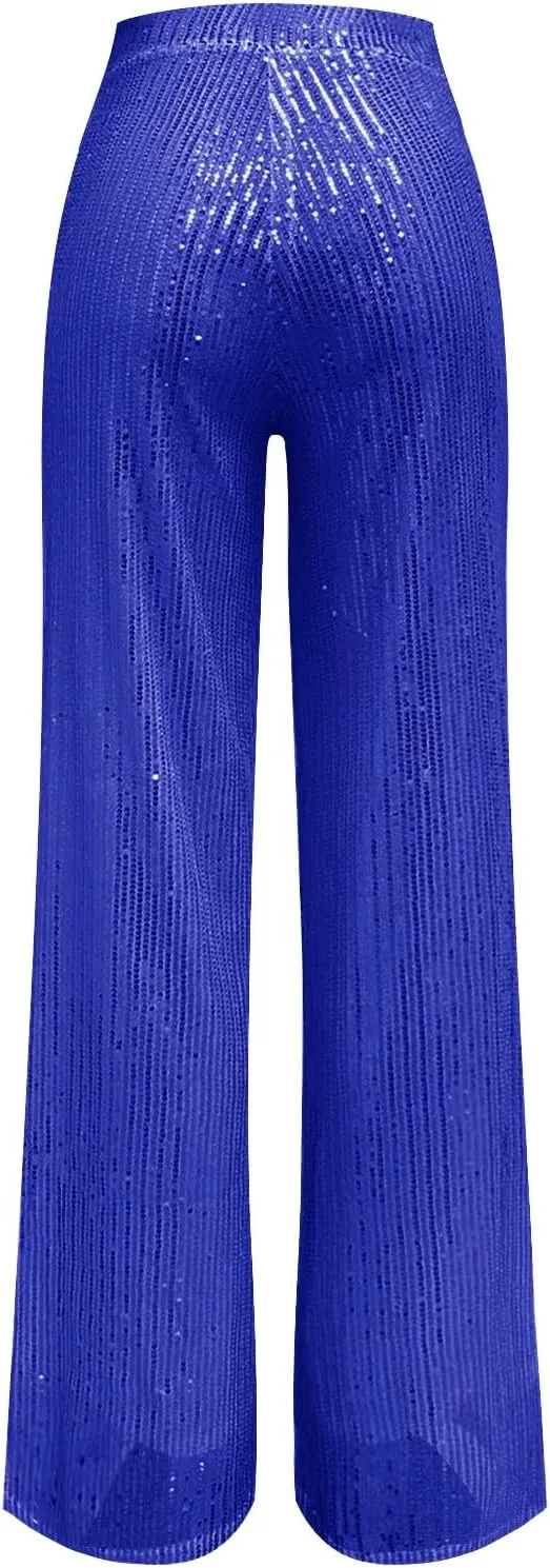 Sequin Pants for Women High Waisted Wide Leg Sparkly Pants Elastic Casual Loose Party Clubwear Bling Glitter Trousers