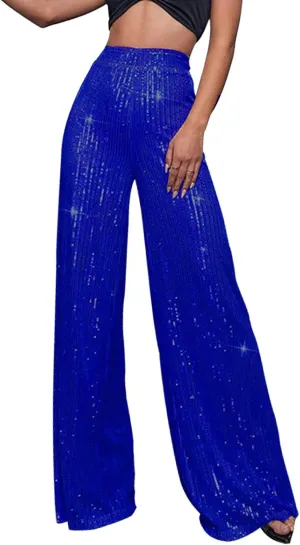 Sequin Pants for Women High Waisted Wide Leg Sparkly Pants Elastic Casual Loose Party Clubwear Bling Glitter Trousers