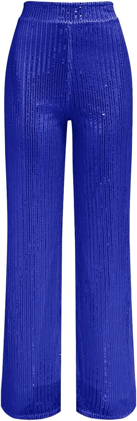Sequin Pants for Women High Waisted Wide Leg Sparkly Pants Elastic Casual Loose Party Clubwear Bling Glitter Trousers