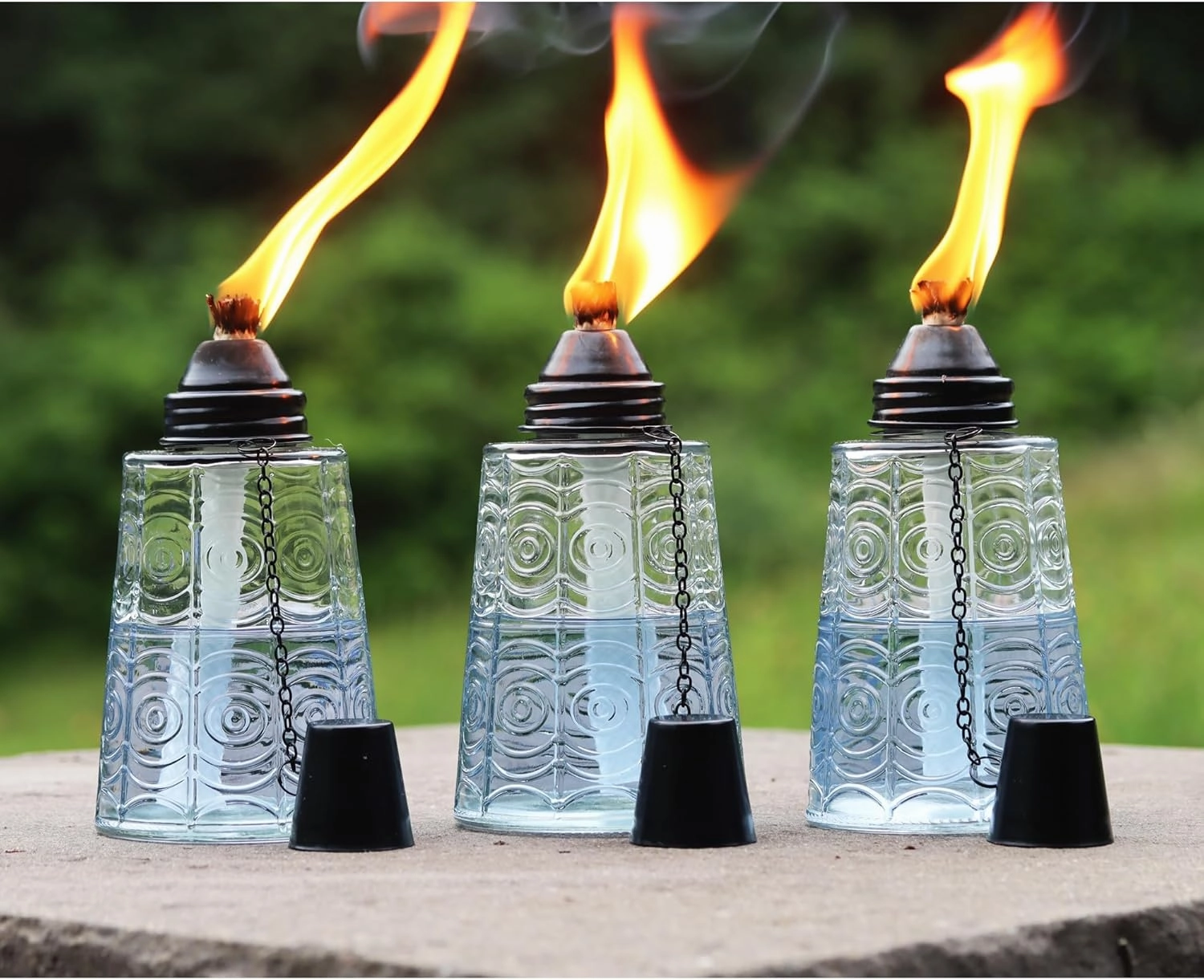 Seraphic Citronella Table Top Torches for Outdoor Patio, 16oz Decorative Glass Torch Citronella Candles for Outside Deck, Garden, Parties, Set of 3, Clear