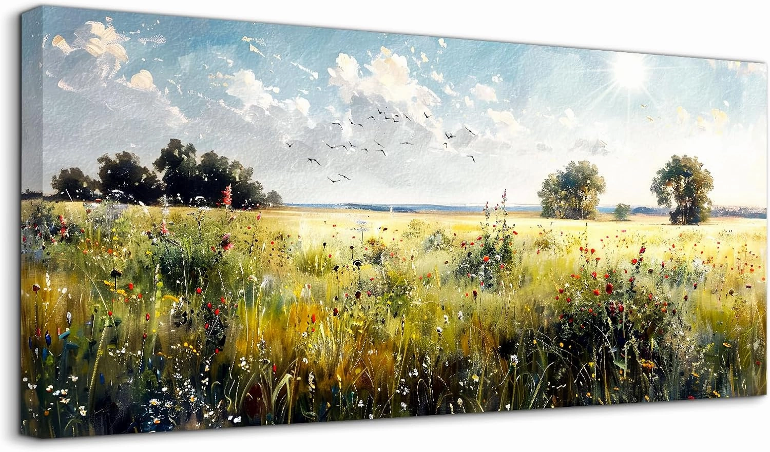SERIMINO Rustic Landscape Wall Art Prints, Country Outdoor Scenic Large Wall Decor, Nature Meadow Wildflower Canvas Painting, Bright Wall Pictures for Living Room Modern Farmhouse Kitchen 20X40 Inch