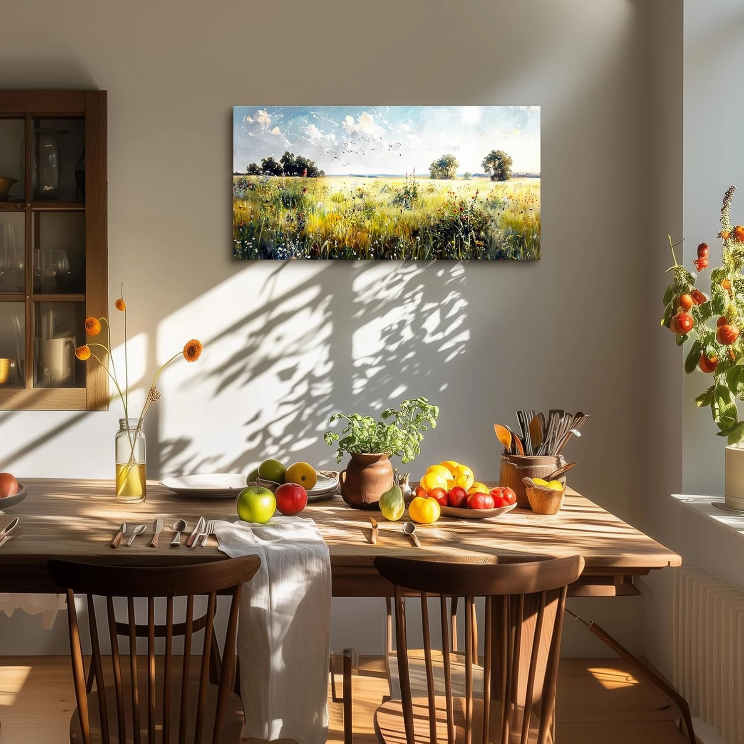 SERIMINO Rustic Landscape Wall Art Prints, Country Outdoor Scenic Large Wall Decor, Nature Meadow Wildflower Canvas Painting, Bright Wall Pictures for Living Room Modern Farmhouse Kitchen 20X40 Inch