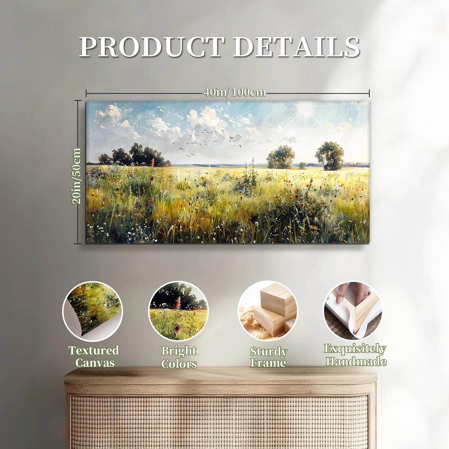 SERIMINO Rustic Landscape Wall Art Prints, Country Outdoor Scenic Large Wall Decor, Nature Meadow Wildflower Canvas Painting, Bright Wall Pictures for Living Room Modern Farmhouse Kitchen 20X40 Inch