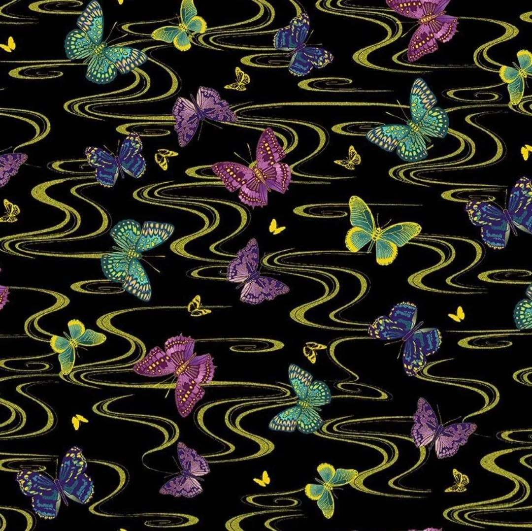 Shizuka by Timeless Treasures Multicolor Floating Butterflies with Gold Metallic on Black Cotton Fabric by The Yard