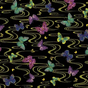 Shizuka by Timeless Treasures Multicolor Floating Butterflies with Gold Metallic on Black Cotton Fabric by The Yard