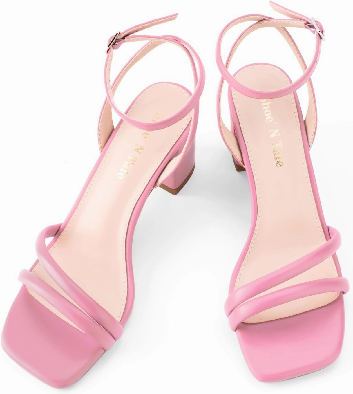 Shoe'N Tale Strappy Heels for Women Square Toe Chunky Block Heels Ankle Buckle Heeled Sandals