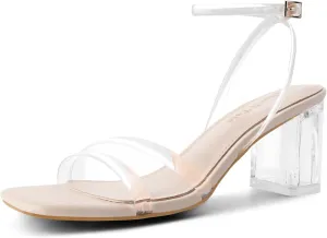 Shoe'N Tale Strappy Heels for Women Square Toe Chunky Block Heels Ankle Buckle Heeled Sandals