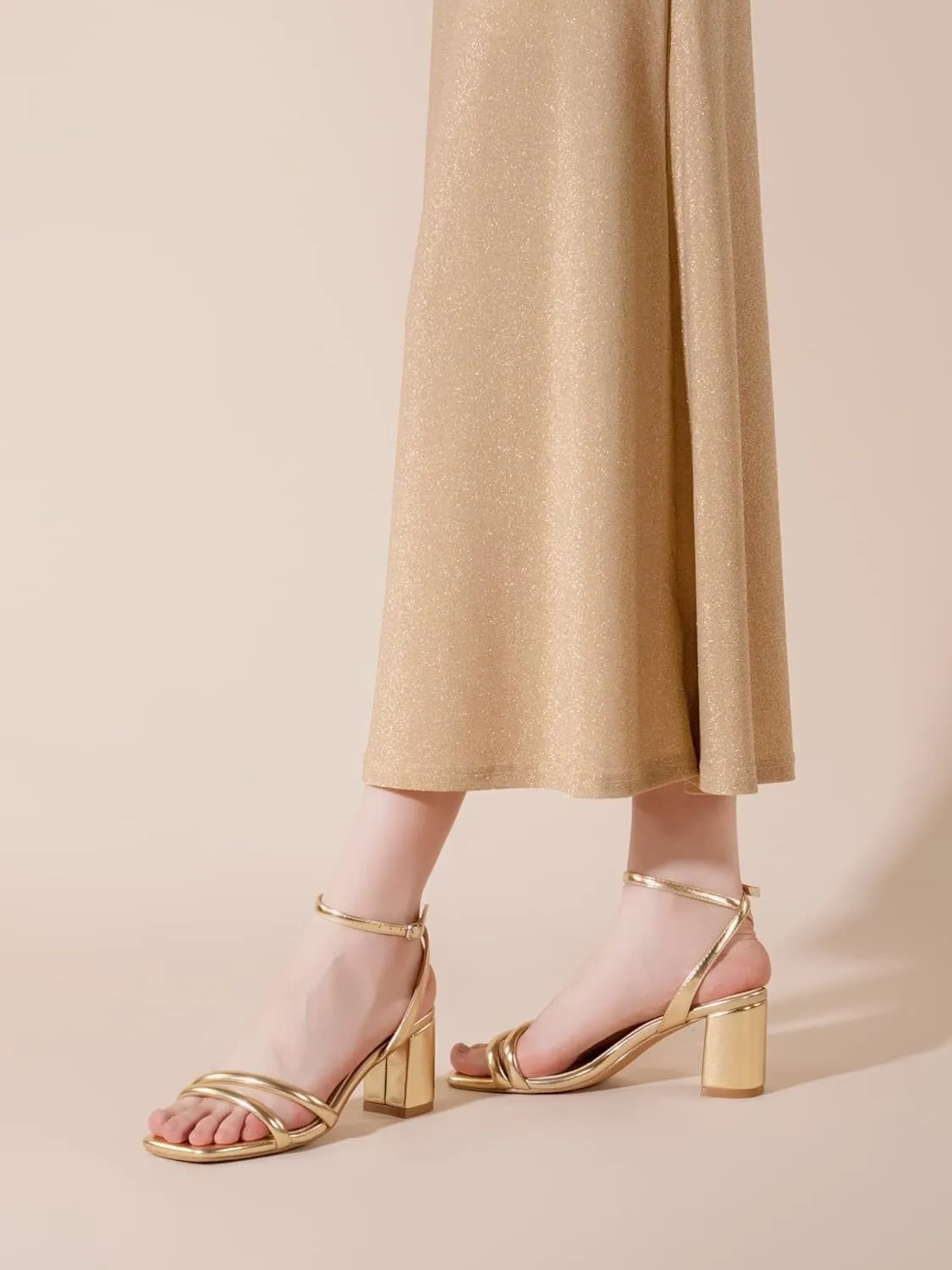 Shoe'N Tale Strappy Heels for Women Square Toe Chunky Block Heels Ankle Buckle Heeled Sandals