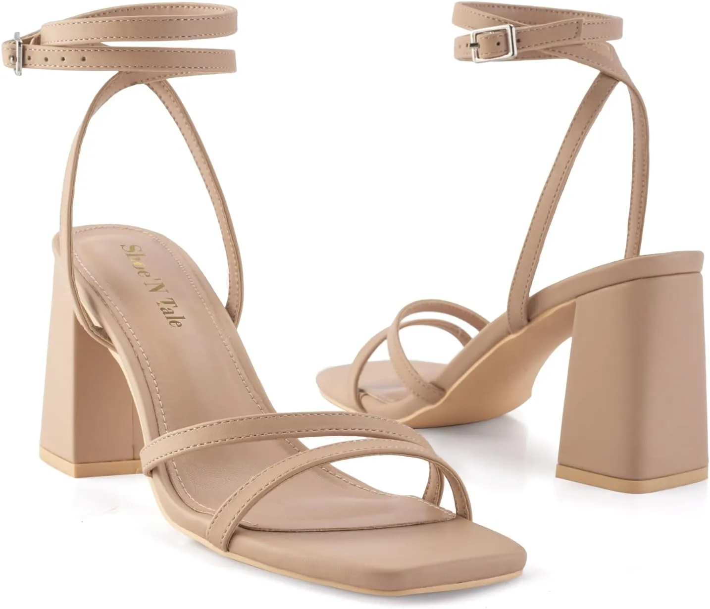 Shoe'N Tale Strappy Heels for Women Square Toe Chunky Block Heels Square Toe Ankle Strap Sandals