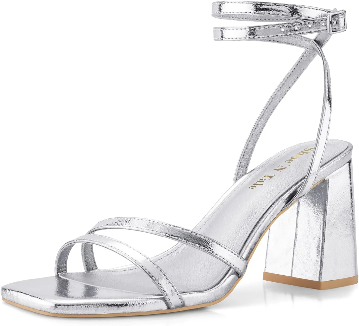 Shoe'N Tale Strappy Heels for Women Square Toe Chunky Block Heels Square Toe Ankle Strap Sandals