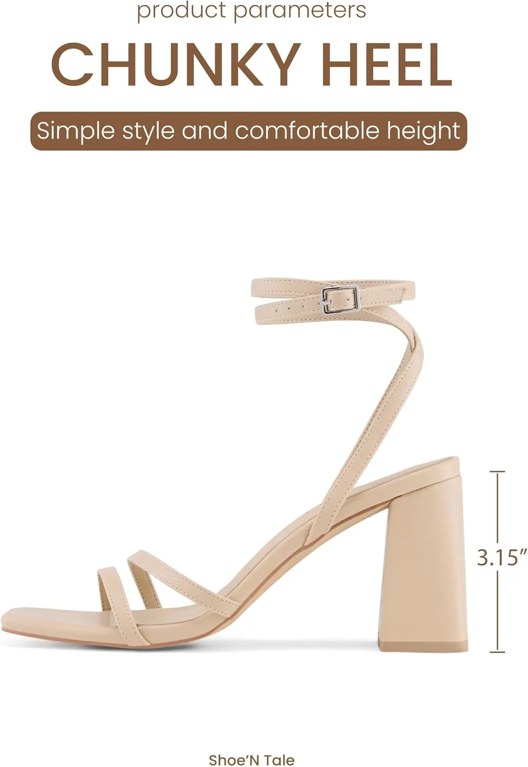 Shoe'N Tale Strappy Heels for Women Square Toe Chunky Block Heels Square Toe Ankle Strap Sandals