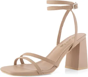 Shoe'N Tale Strappy Heels for Women Square Toe Chunky Block Heels Square Toe Ankle Strap Sandals