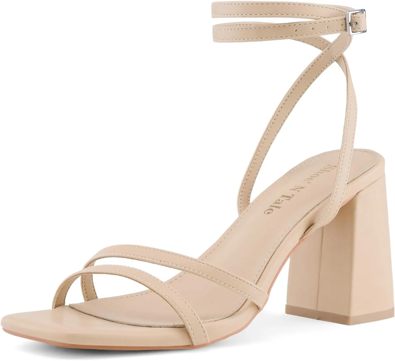 Shoe'N Tale Strappy Heels for Women Square Toe Chunky Block Heels Square Toe Ankle Strap Sandals