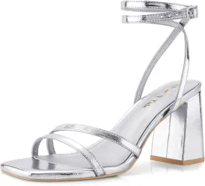 Shoe'N Tale Strappy Heels for Women Square Toe Chunky Block Heels Square Toe Ankle Strap Sandals